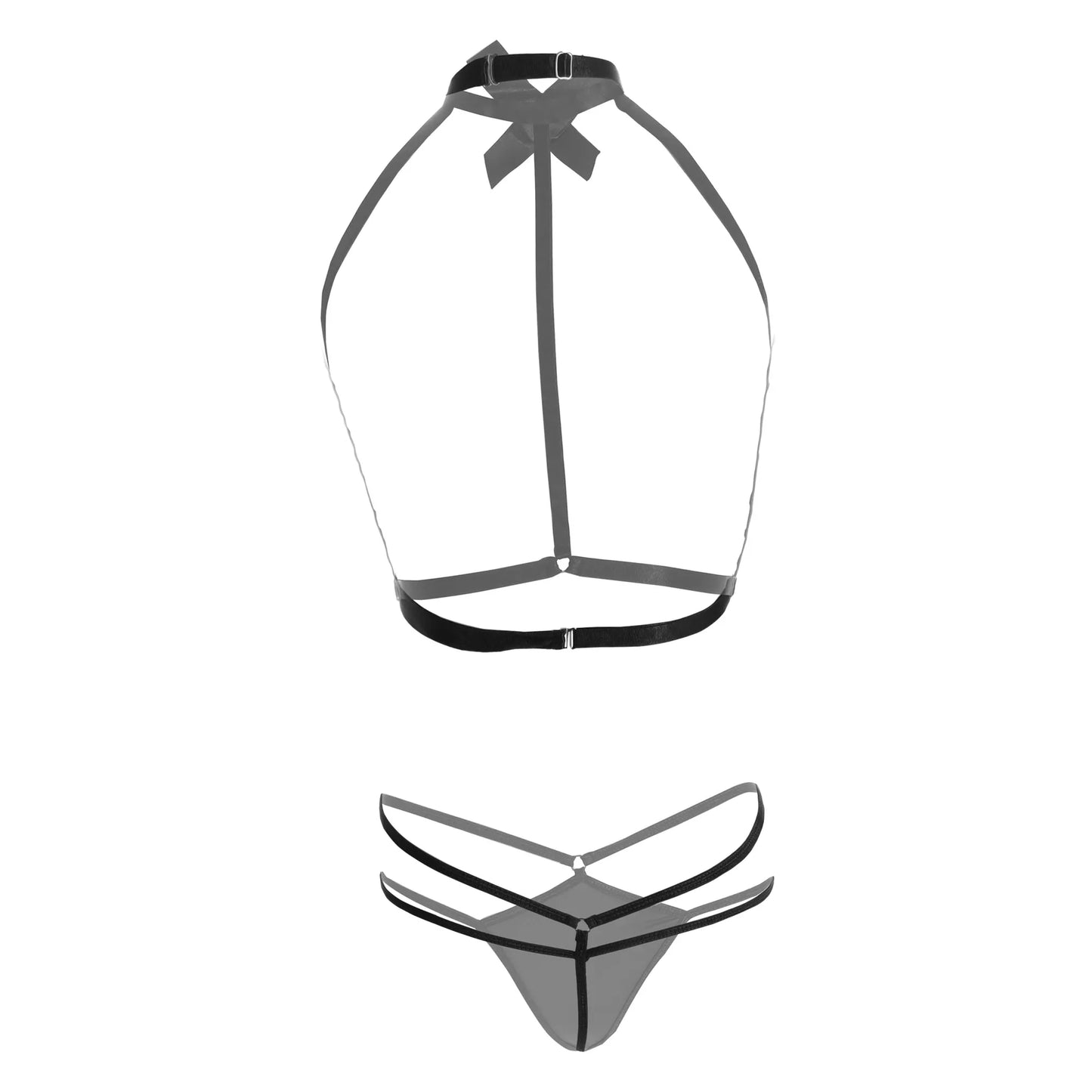 Premium Women’s Halter Open-Cup Bralette & Strappy Panty Set – Bold Two-Piece Lingerie Ensemble with Oversized Satin Bow & Architectural Frame
