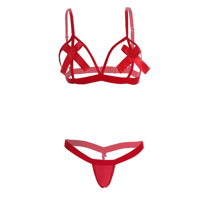 Premium Women’s Scarlet Red Open-Cup Bow Bralette & Thong Set – Playful "Gift-Wrapped" Two-Piece Lingerie Ensemble with Oversized Satin Bows