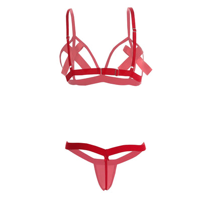 Premium Women’s Scarlet Red Open-Cup Bow Bralette & Thong Set – Playful "Gift-Wrapped" Two-Piece Lingerie Ensemble with Oversized Satin Bows
