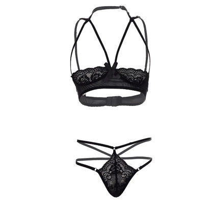 Women’s Scarlet Open-Cup Bralette & Cage Thong Set – Architectural Two-Piece Lingerie Ensemble with Satin Ribbon Accents