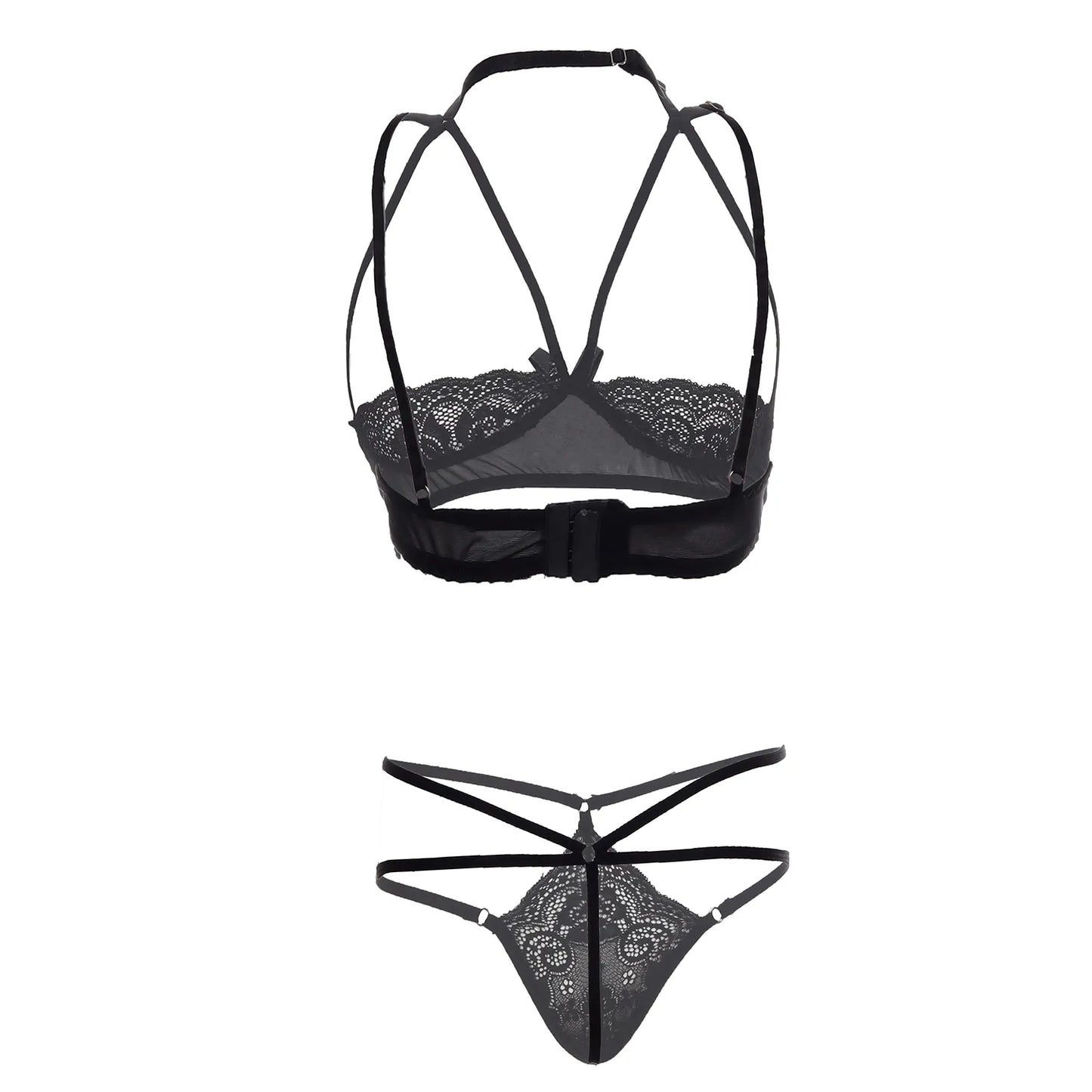 Women’s Scarlet Open-Cup Bralette & Cage Thong Set – Architectural Two-Piece Lingerie Ensemble with Satin Ribbon Accents