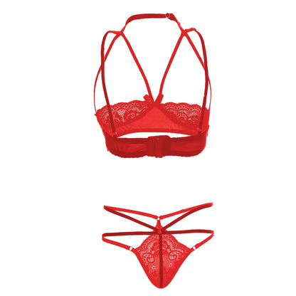 Women’s Scarlet Open-Cup Bralette & Cage Thong Set – Architectural Two-Piece Lingerie Ensemble with Satin Ribbon Accents