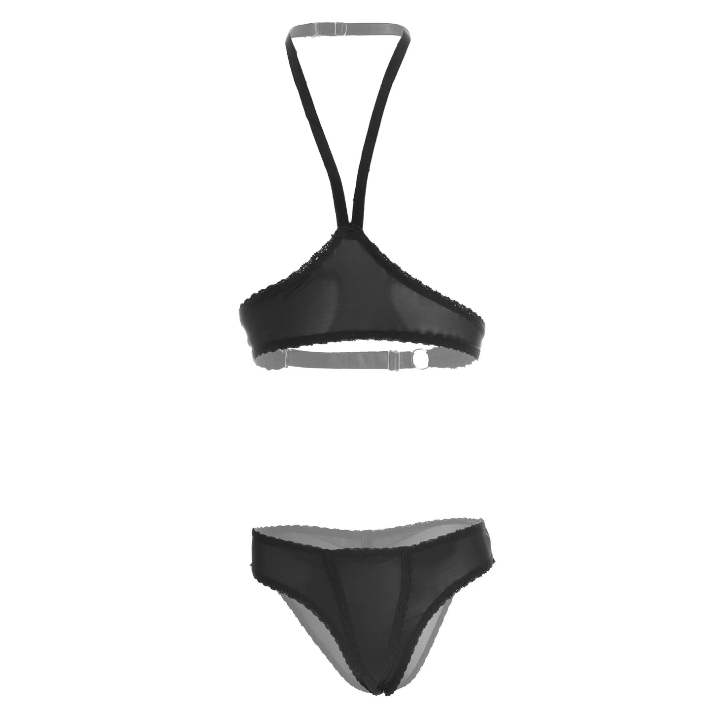 Premium Women’s Sheer Mesh & Lace-Trimmed Halter Bralette Set – Modern Two-Piece Lingerie Ensemble with Open-Bust Architectural Design