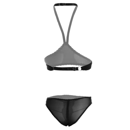 Premium Women’s Sheer Mesh & Lace-Trimmed Halter Bralette Set – Modern Two-Piece Lingerie Ensemble with Open-Bust Architectural Design