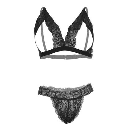 Premium Women’s Floral Lace Open-Cup Bralette & Panty Set – Elegant Two-Piece Lingerie Ensemble with Scalloped Edges & Modern Architectural Frame