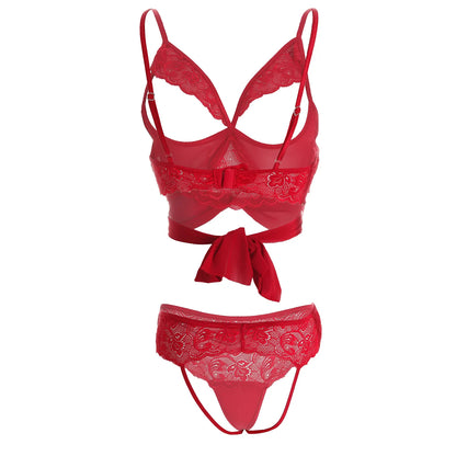 Premium Women’s Scarlet Red Floral Lace Open-Bust Bralette & Panty Set – Romantic Two-Piece Lingerie Ensemble with Integrated Mesh Wrist Ties