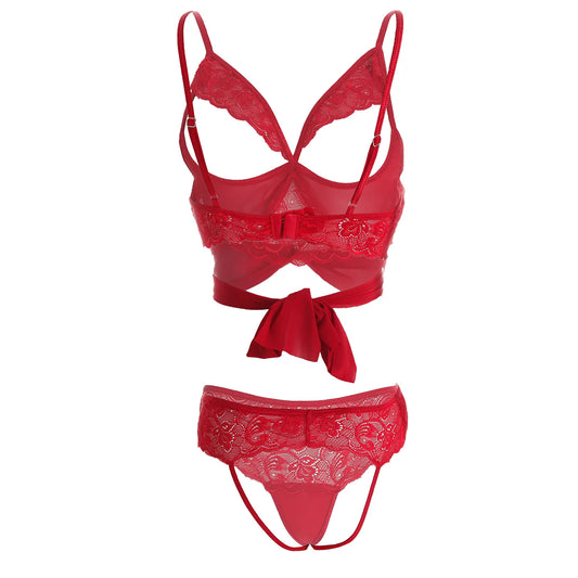 Premium Women’s Scarlet Red Floral Lace Open-Bust Bralette & Panty Set – Romantic Two-Piece Lingerie Ensemble with Integrated Mesh Wrist Ties
