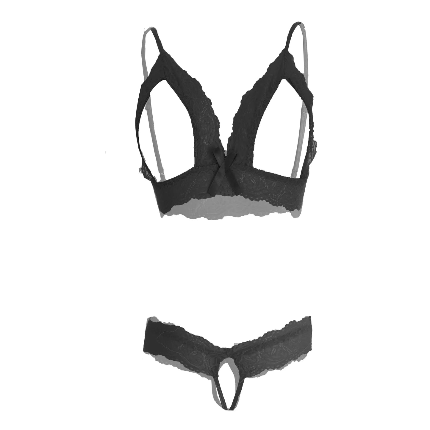 Premium Women’s Geometric Framed Lace Bralette & Panty Set – Provocative Two-Piece Lingerie Ensemble with Open-Bust Architecture & Ribbon Accents