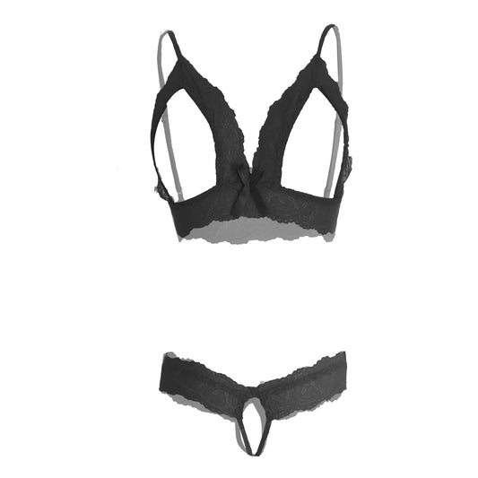 Premium Women’s Geometric Framed Lace Bralette & Panty Set – Provocative Two-Piece Lingerie Ensemble with Open-Bust Architecture & Ribbon Accents
