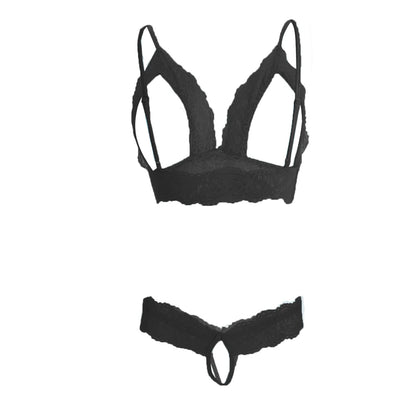 Premium Women’s Geometric Framed Lace Bralette & Panty Set – Provocative Two-Piece Lingerie Ensemble with Open-Bust Architecture & Ribbon Accents