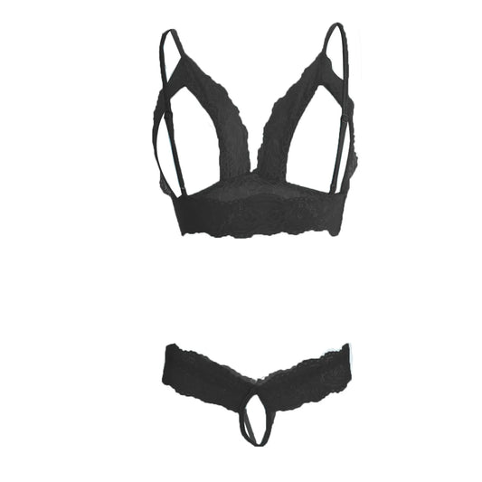 Premium Women’s Geometric Framed Lace Bralette & Panty Set – Provocative Two-Piece Lingerie Ensemble with Open-Bust Architecture & Ribbon Accents
