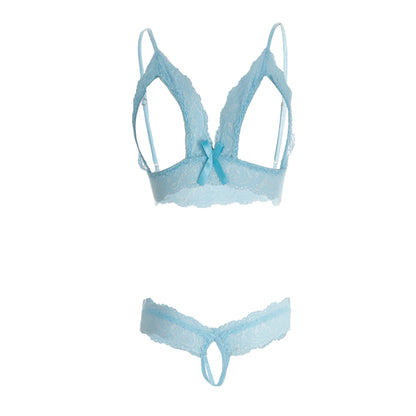 Premium Women’s Geometric Framed Lace Bralette & Panty Set – Provocative Two-Piece Lingerie Ensemble with Open-Bust Architecture & Ribbon Accents