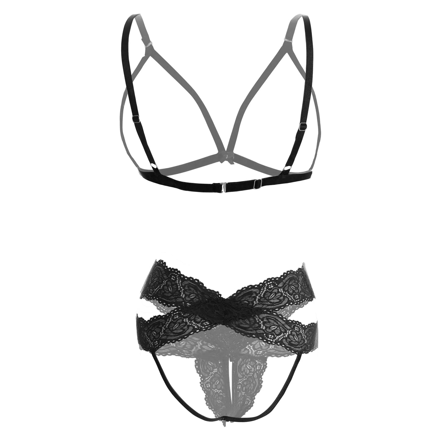 Premium Women’s Minimalist Cage Bralette & Crossover Lace Panty Set – Bold Two-Piece Lingerie Ensemble with Architectural Frame & Scalloped Embroidery