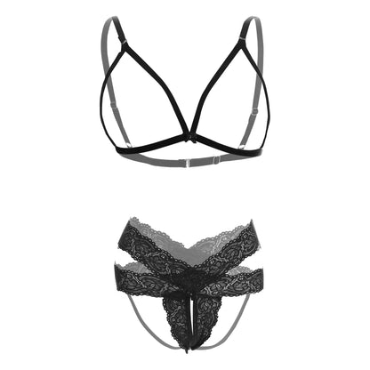 Premium Women’s Minimalist Cage Bralette & Crossover Lace Panty Set – Bold Two-Piece Lingerie Ensemble with Architectural Frame & Scalloped Embroidery