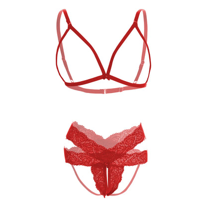 Premium Women’s Minimalist Cage Bralette & Crossover Lace Panty Set – Bold Two-Piece Lingerie Ensemble with Architectural Frame & Scalloped Embroidery