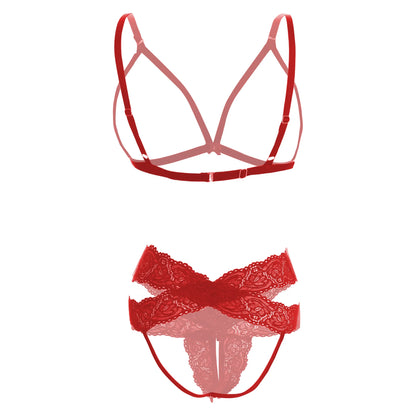 Premium Women’s Minimalist Cage Bralette & Crossover Lace Panty Set – Bold Two-Piece Lingerie Ensemble with Architectural Frame & Scalloped Embroidery