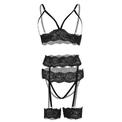 Premium Women’s Floral Lace Open-Bust Bralette & Multi-Strap Garter Set – Sophisticated Three-Piece Lingerie Ensemble with Integrated Stocking Clips