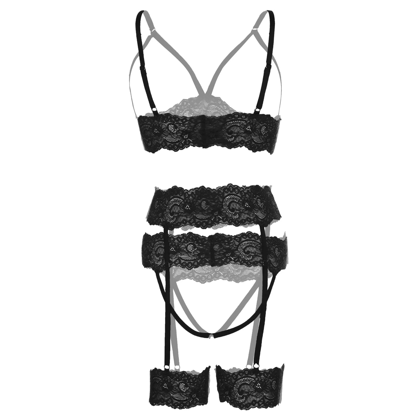 Premium Women’s Floral Lace Open-Bust Bralette & Multi-Strap Garter Set – Sophisticated Three-Piece Lingerie Ensemble with Integrated Stocking Clips