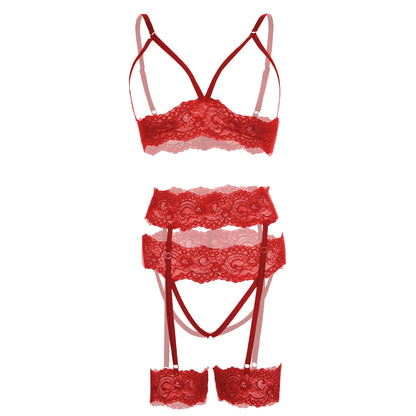 Premium Women’s Floral Lace Open-Bust Bralette & Multi-Strap Garter Set – Sophisticated Three-Piece Lingerie Ensemble with Integrated Stocking Clips