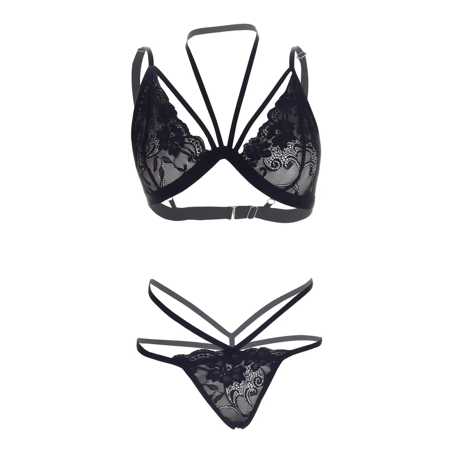 Premium Women’s Geometric Strappy Lace Bralette & Thong Set – Architectural Two-Piece Lingerie Ensemble with Multi-Strap Web Design