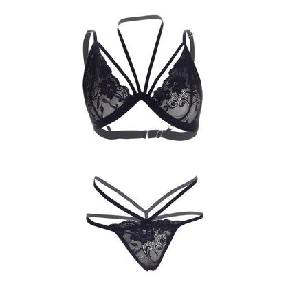 Premium Women’s Geometric Strappy Lace Bralette & Thong Set – Architectural Two-Piece Lingerie Ensemble with Multi-Strap Web Design