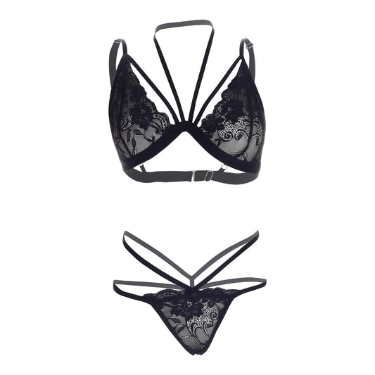 Premium Women’s Geometric Strappy Lace Bralette & Thong Set – Architectural Two-Piece Lingerie Ensemble with Multi-Strap Web Design