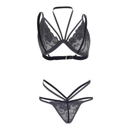 Premium Women’s Geometric Strappy Lace Bralette & Thong Set – Architectural Two-Piece Lingerie Ensemble with Multi-Strap Web Design