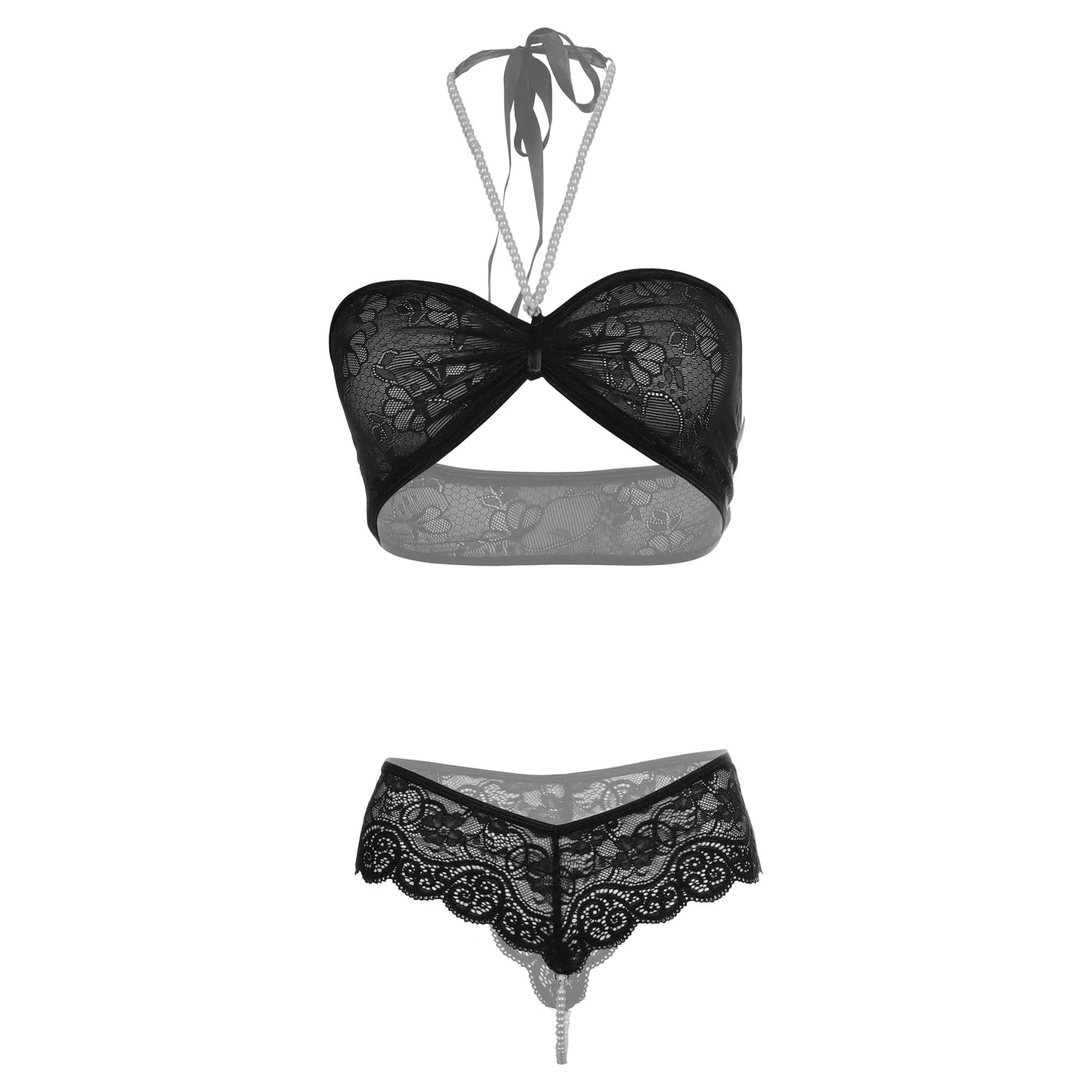 Premium Women’s Floral Lace Bandeau Bralette & Scalloped Panty Set – Elegant Two-Piece Lingerie Ensemble with Sophisticated Bow-Front Detail