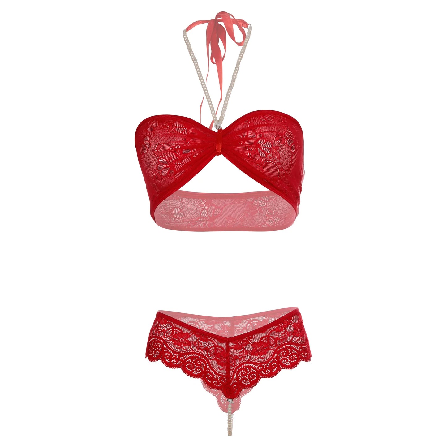 Premium Women’s Floral Lace Bandeau Bralette & Scalloped Panty Set – Elegant Two-Piece Lingerie Ensemble with Sophisticated Bow-Front Detail