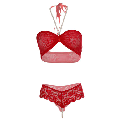 Premium Women’s Floral Lace Bandeau Bralette & Scalloped Panty Set – Elegant Two-Piece Lingerie Ensemble with Sophisticated Bow-Front Detail