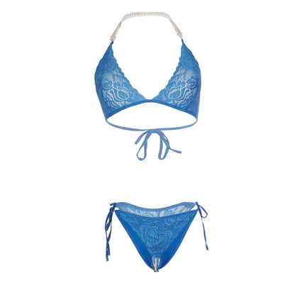 Premium Women’s Floral Lace Triangle Bralette & Panty Set – Elegant Two-Piece Lingerie Ensemble with Luxurious Pearl-Beaded Halter Straps