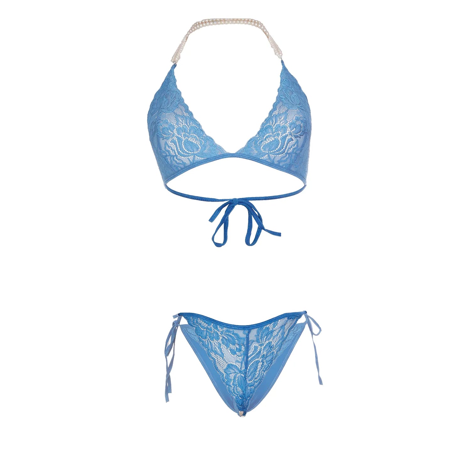 Premium Women’s Floral Lace Triangle Bralette & Panty Set – Elegant Two-Piece Lingerie Ensemble with Luxurious Pearl-Beaded Halter Straps