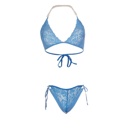 Premium Women’s Floral Lace Triangle Bralette & Panty Set – Elegant Two-Piece Lingerie Ensemble with Luxurious Pearl-Beaded Halter Straps
