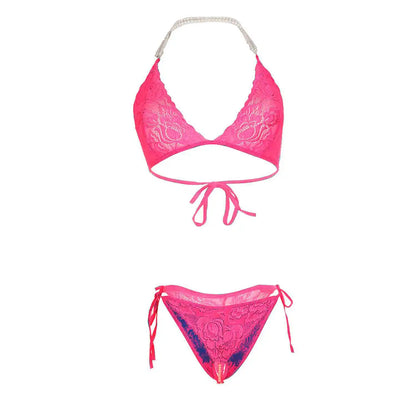 Premium Women’s Floral Lace Triangle Bralette & Panty Set – Elegant Two-Piece Lingerie Ensemble with Luxurious Pearl-Beaded Halter Straps