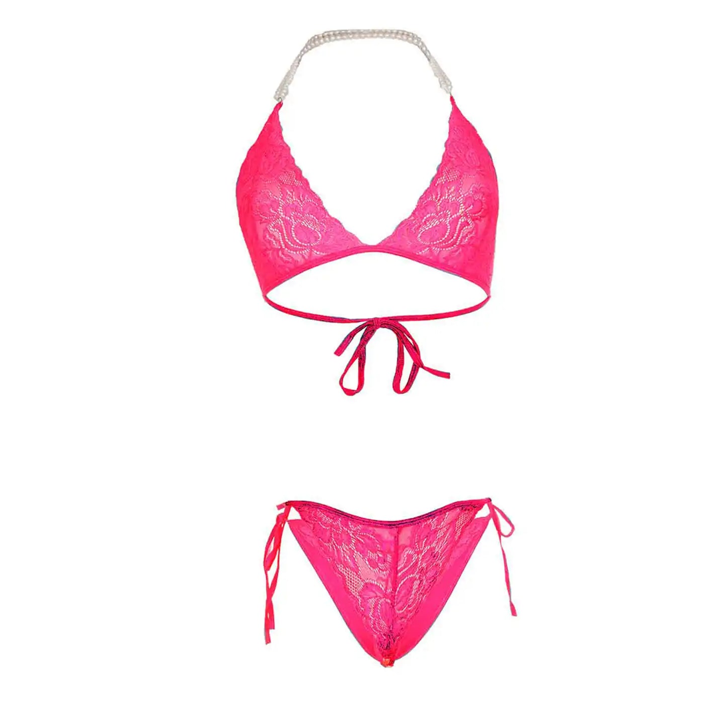 Premium Women’s Floral Lace Triangle Bralette & Panty Set – Elegant Two-Piece Lingerie Ensemble with Luxurious Pearl-Beaded Halter Straps