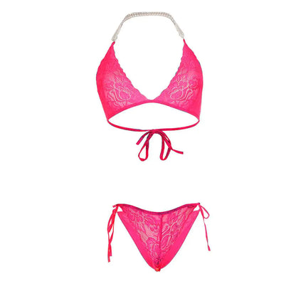 Premium Women’s Floral Lace Triangle Bralette & Panty Set – Elegant Two-Piece Lingerie Ensemble with Luxurious Pearl-Beaded Halter Straps