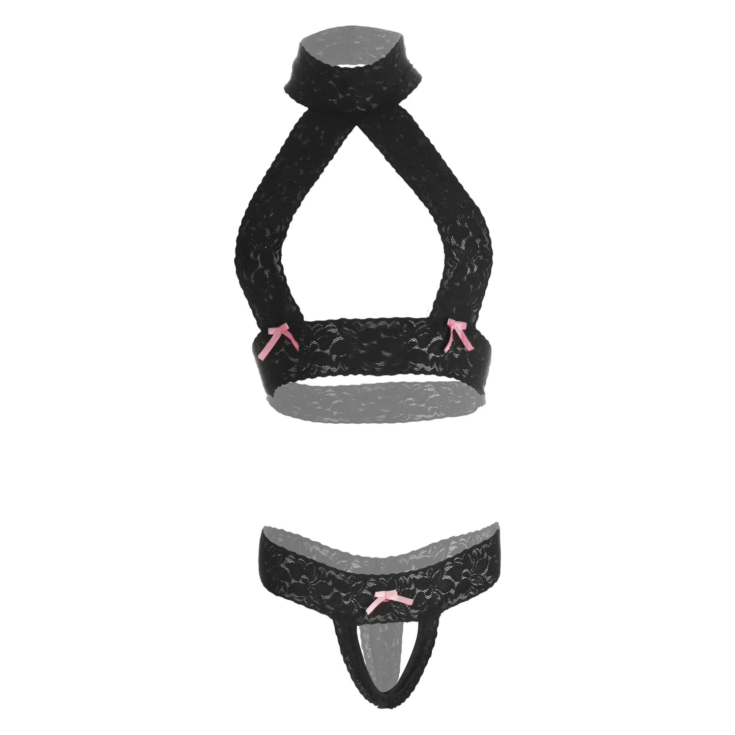Women’s Floral Lace Criss-Cross Halter Bralette & Open-Front Panty Set – Elegant Two-Piece Lingerie Ensemble with Pink Ribbon Accents