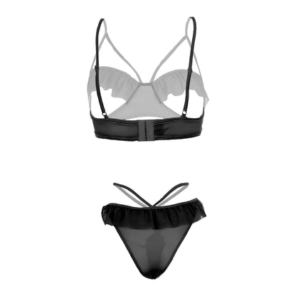 Women’s Ruffled Open-Cup Bralette & Strappy Panty Set – Elegant Two-Piece Lingerie Ensemble with Feminine Mesh Frills