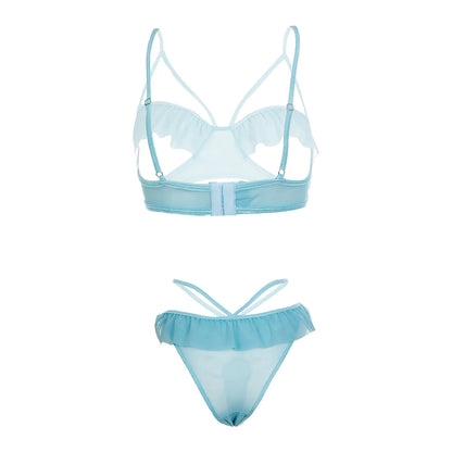 Women’s Ruffled Open-Cup Bralette & Strappy Panty Set – Elegant Two-Piece Lingerie Ensemble with Feminine Mesh Frills