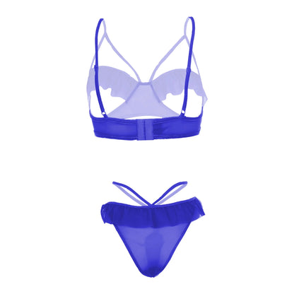 Women’s Ruffled Open-Cup Bralette & Strappy Panty Set – Elegant Two-Piece Lingerie Ensemble with Feminine Mesh Frills