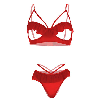 Women’s Ruffled Open-Cup Bralette & Strappy Panty Set – Elegant Two-Piece Lingerie Ensemble with Feminine Mesh Frills