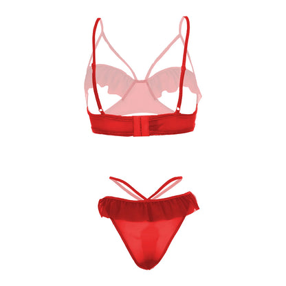 Women’s Ruffled Open-Cup Bralette & Strappy Panty Set – Elegant Two-Piece Lingerie Ensemble with Feminine Mesh Frills