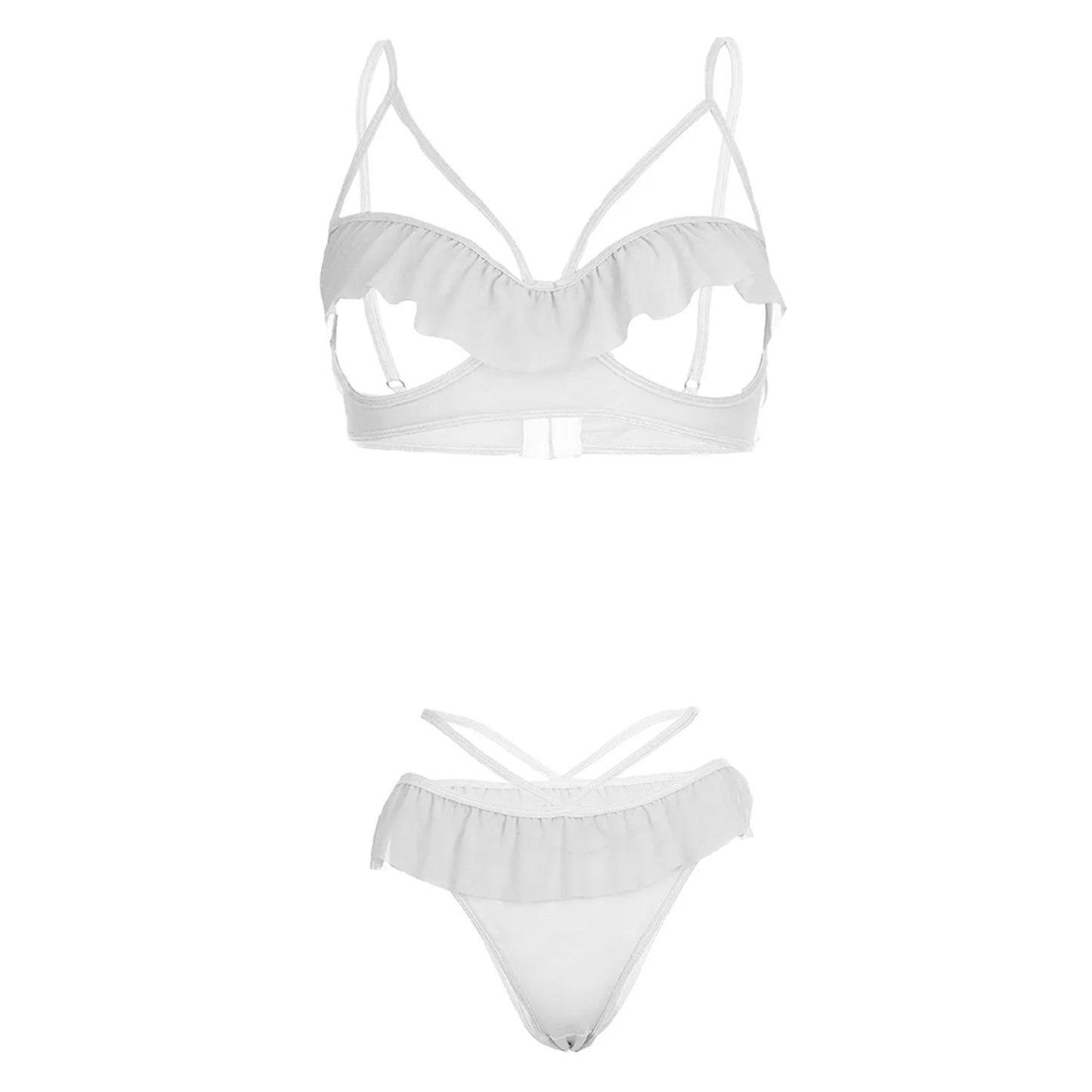 Women’s Ruffled Open-Cup Bralette & Strappy Panty Set – Elegant Two-Piece Lingerie Ensemble with Feminine Mesh Frills