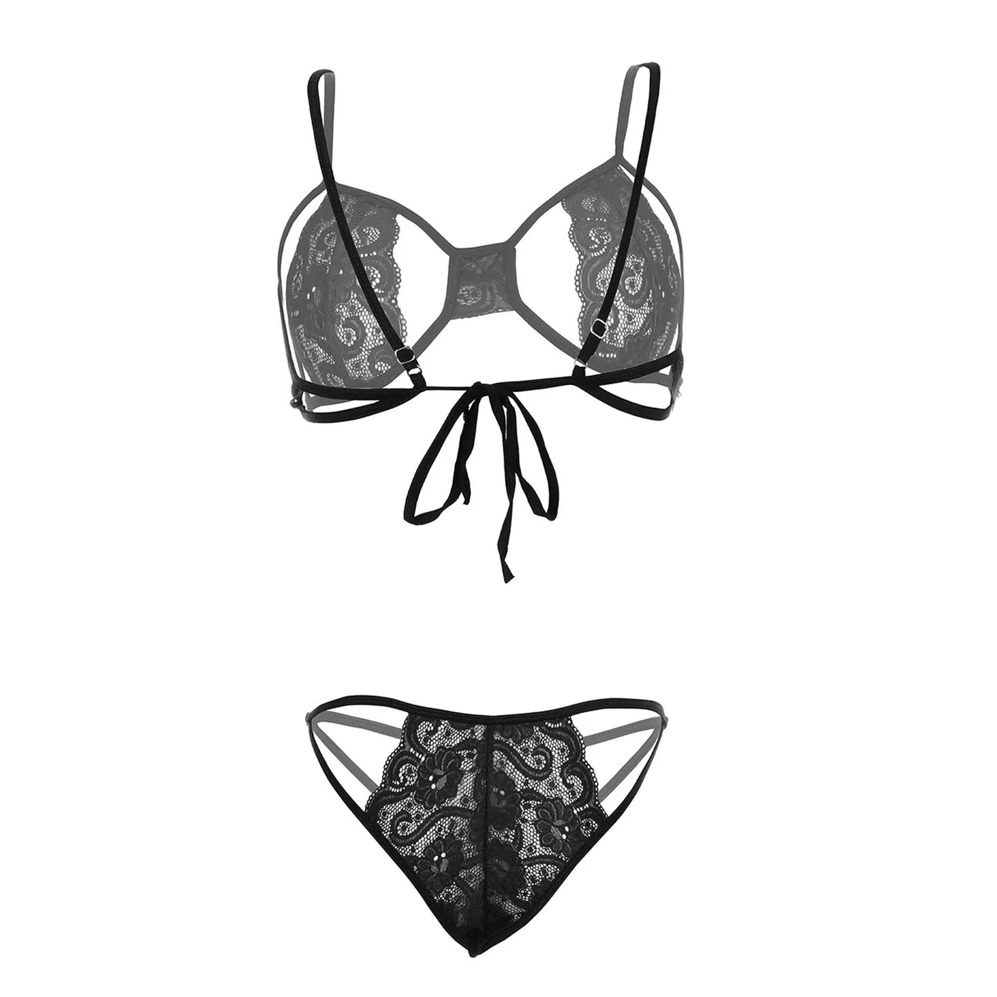 Women’s Floral Lace Cut-Out Bralette & Strappy Panty Set – Elegant Two-Piece Lingerie Ensemble with Modern Open-Detail Design