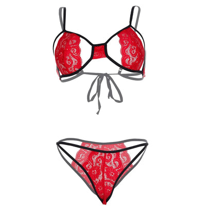 Women’s Floral Lace Cut-Out Bralette & Strappy Panty Set – Elegant Two-Piece Lingerie Ensemble with Modern Open-Detail Design