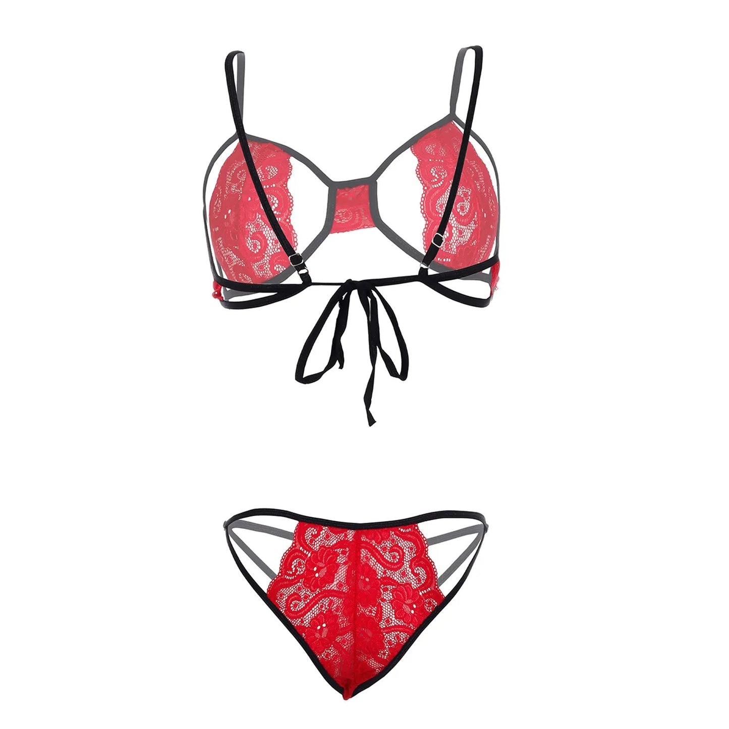 Women’s Floral Lace Cut-Out Bralette & Strappy Panty Set – Elegant Two-Piece Lingerie Ensemble with Modern Open-Detail Design