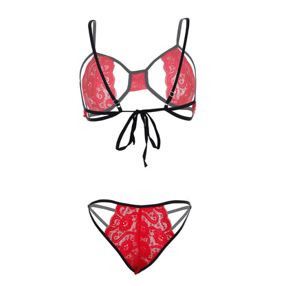 Women’s Floral Lace Cut-Out Bralette & Strappy Panty Set – Elegant Two-Piece Lingerie Ensemble with Modern Open-Detail Design
