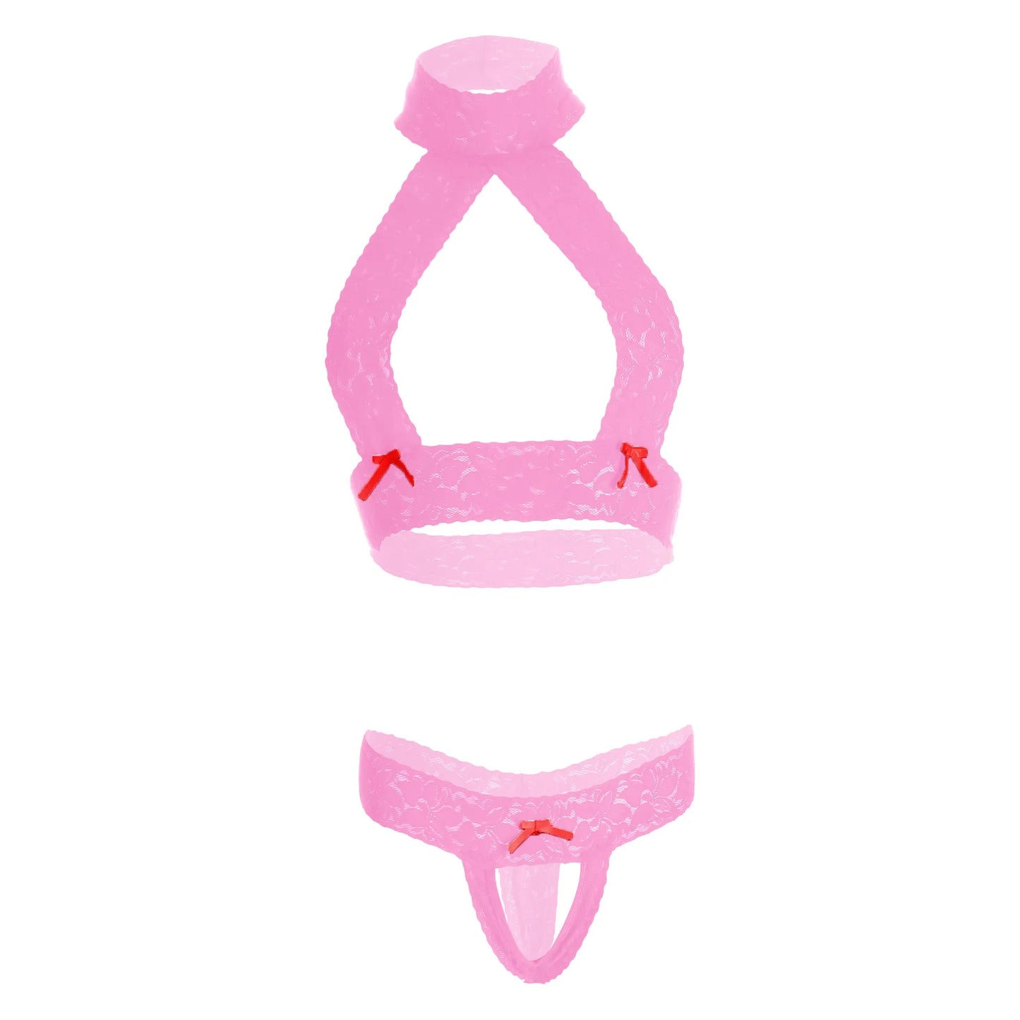 Women’s Floral Lace Criss-Cross Halter Bralette & Open-Front Panty Set – Elegant Two-Piece Lingerie Ensemble with Pink Ribbon Accents