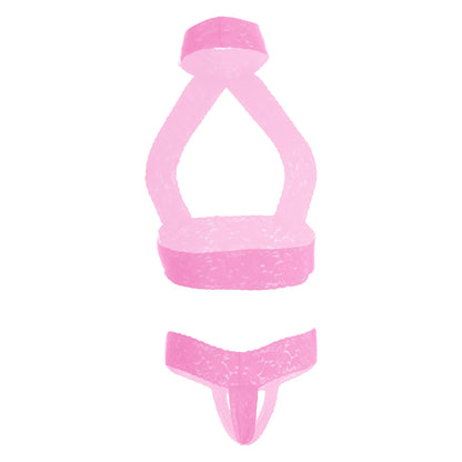 Women’s Floral Lace Criss-Cross Halter Bralette & Open-Front Panty Set – Elegant Two-Piece Lingerie Ensemble with Pink Ribbon Accents