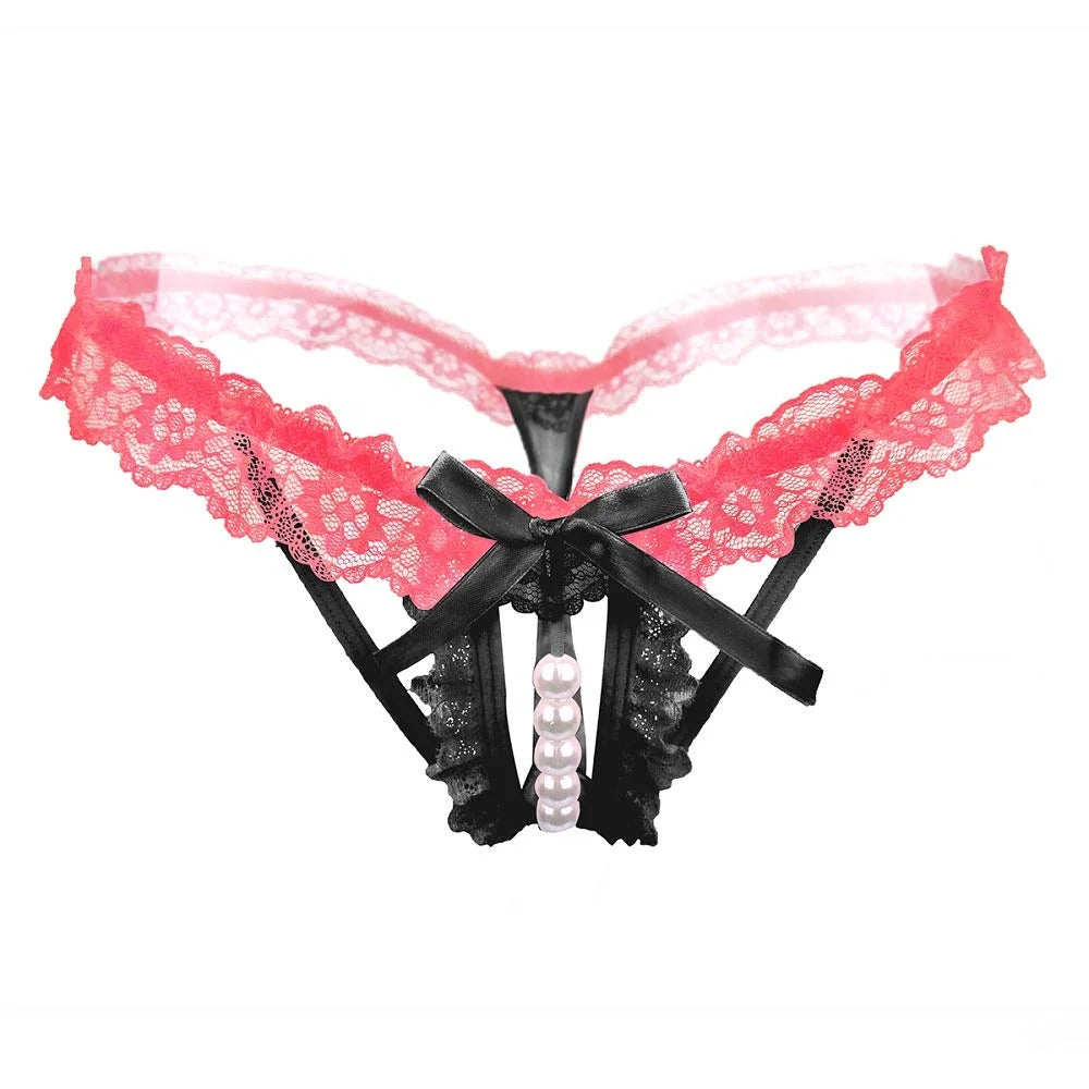 Women’s Lace Pearl Accent Cut-Out Panty – Decorative Bow Detail Lingerie Bottomwear